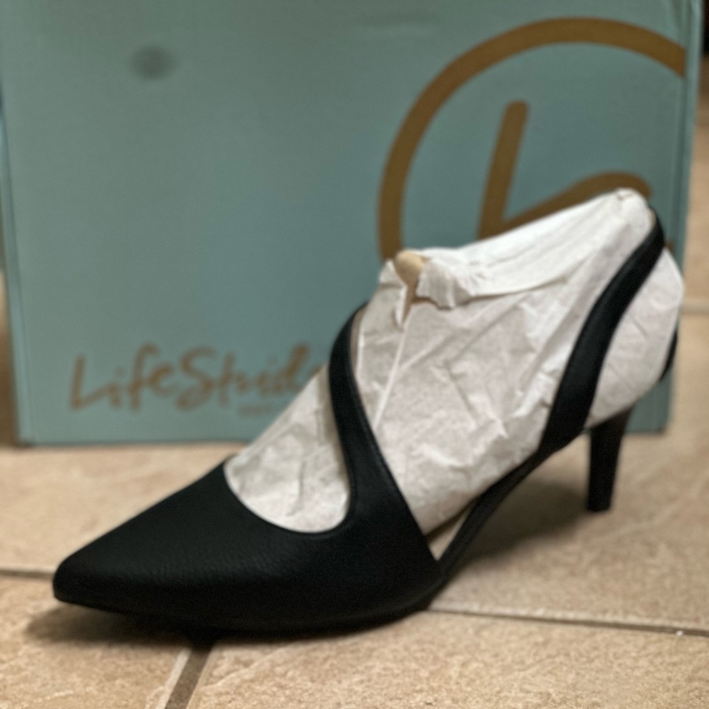 Life Stride Black Pointed-Toe Slingback Pump with Low Heel